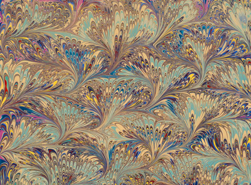 Peacock in Blue, Marbled paper, Artist's collection 
